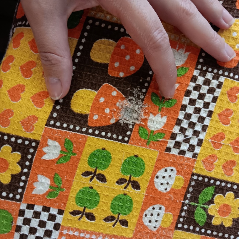 VTG Waffle Weave Laundry Bag Mushroom Apple Floral Drawstring Orange Retro 70s - Picture 7 of 9